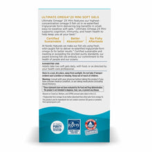 Bottle of Nordic Naturals Ultimate Omega 2X Mini softgels with product information and certification badges displayed on labe