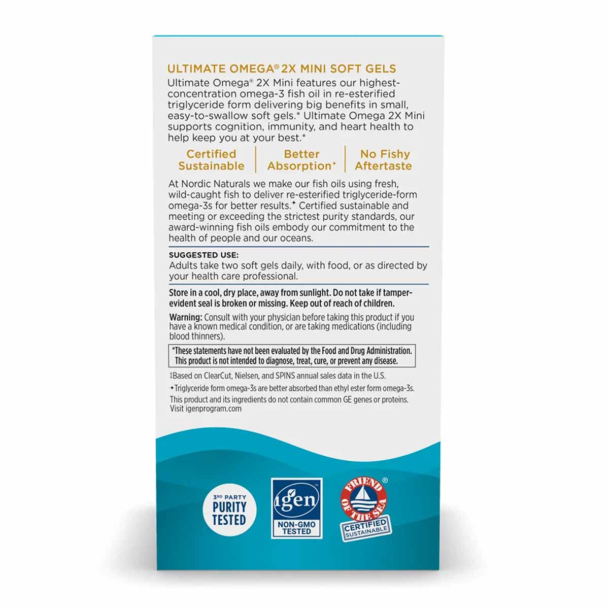 Bottle of Nordic Naturals Ultimate Omega 2X Mini softgels with product information and certification badges displayed on labe