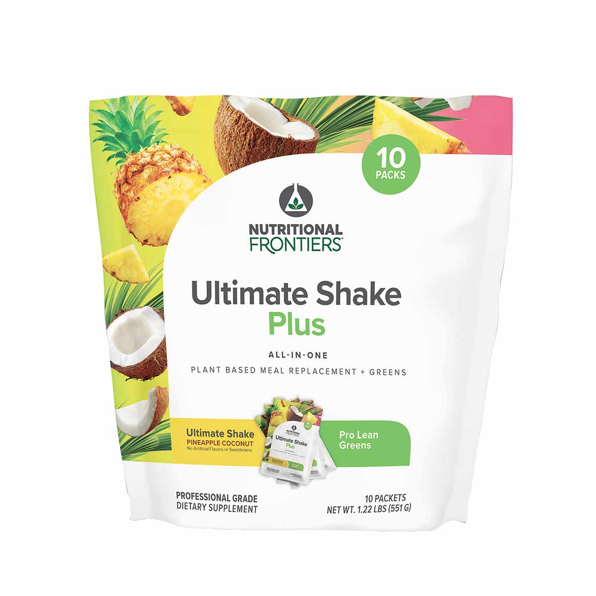 Nutritional Frontiers Ultimate Shake Plus Greens 10-pack pouch with pineapple coconut flavor imagery and individual packet di