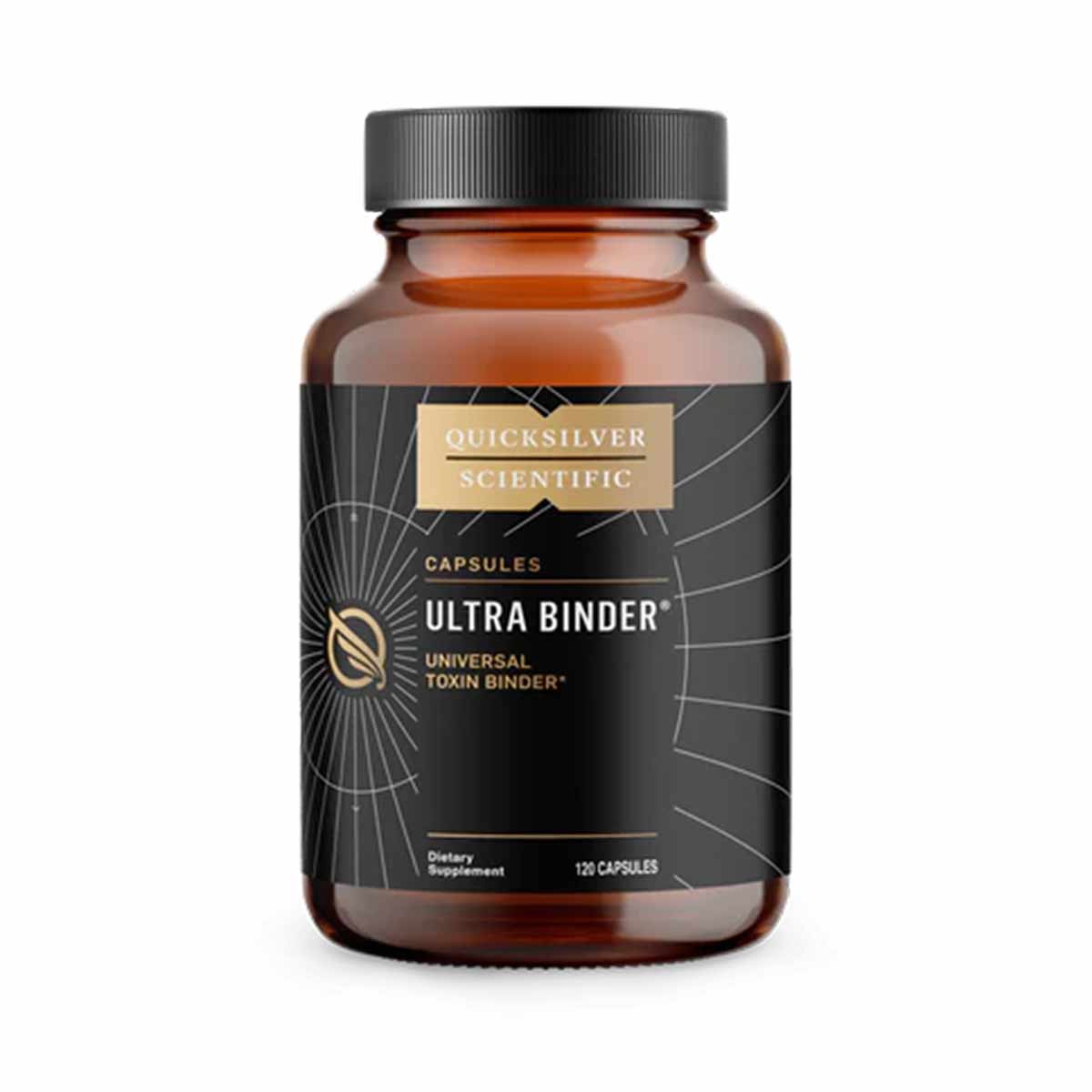 Brown glass bottle with black cap labeled Ultra Binder by Quicksilver Scientific containing 120 capsules.