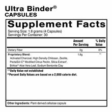 Ultra Binder Capsules supplement facts label showing 120 capsules with proprietary blend ingredients including activated char
