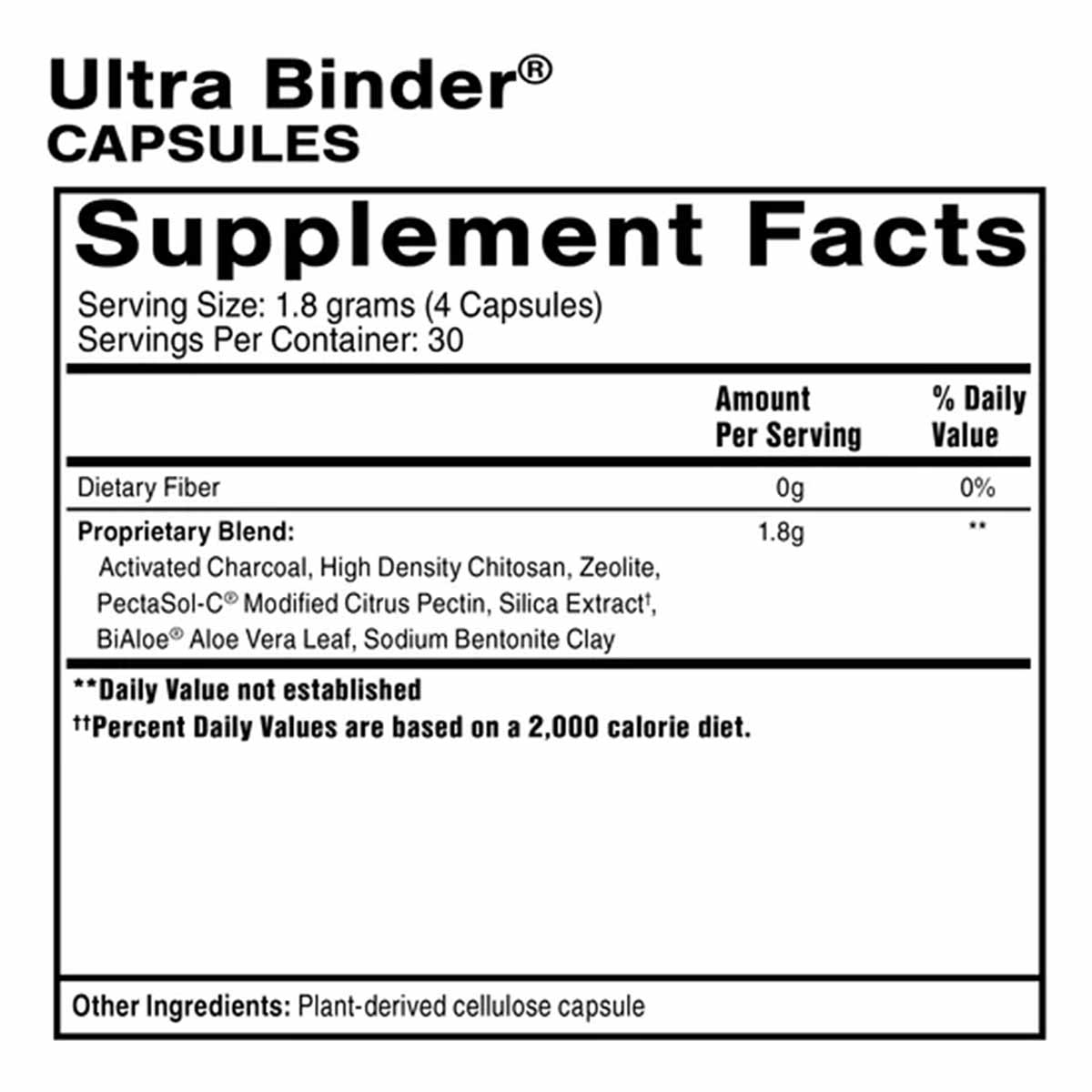 Ultra Binder Capsules supplement facts label showing 120 capsules with proprietary blend ingredients including activated char