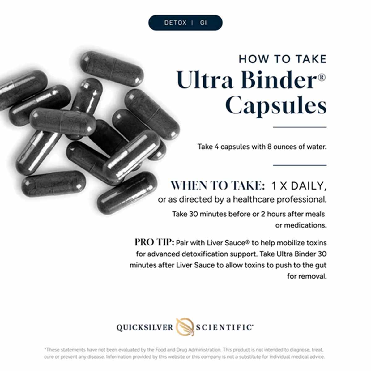 Black capsules arranged on white background with usage instructions and Quicksilver Scientific branding.