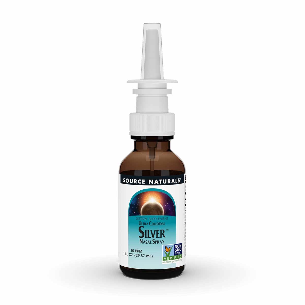 Brown glass bottle with white nasal spray applicator top and white cap labeled Source Naturals Ultra Colloidal Silver.