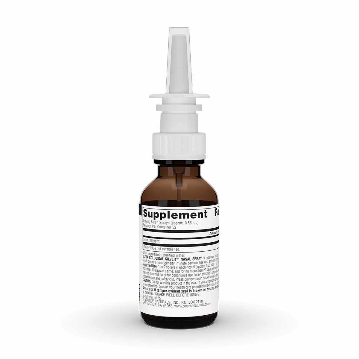 Brown glass bottle with white spray nozzle and cap labeled "Supplement Facts" for nasal spray application.