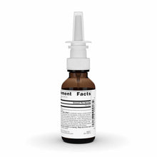 Brown glass bottle with white nasal spray applicator and white ribbed cap, featuring a supplement facts label.
