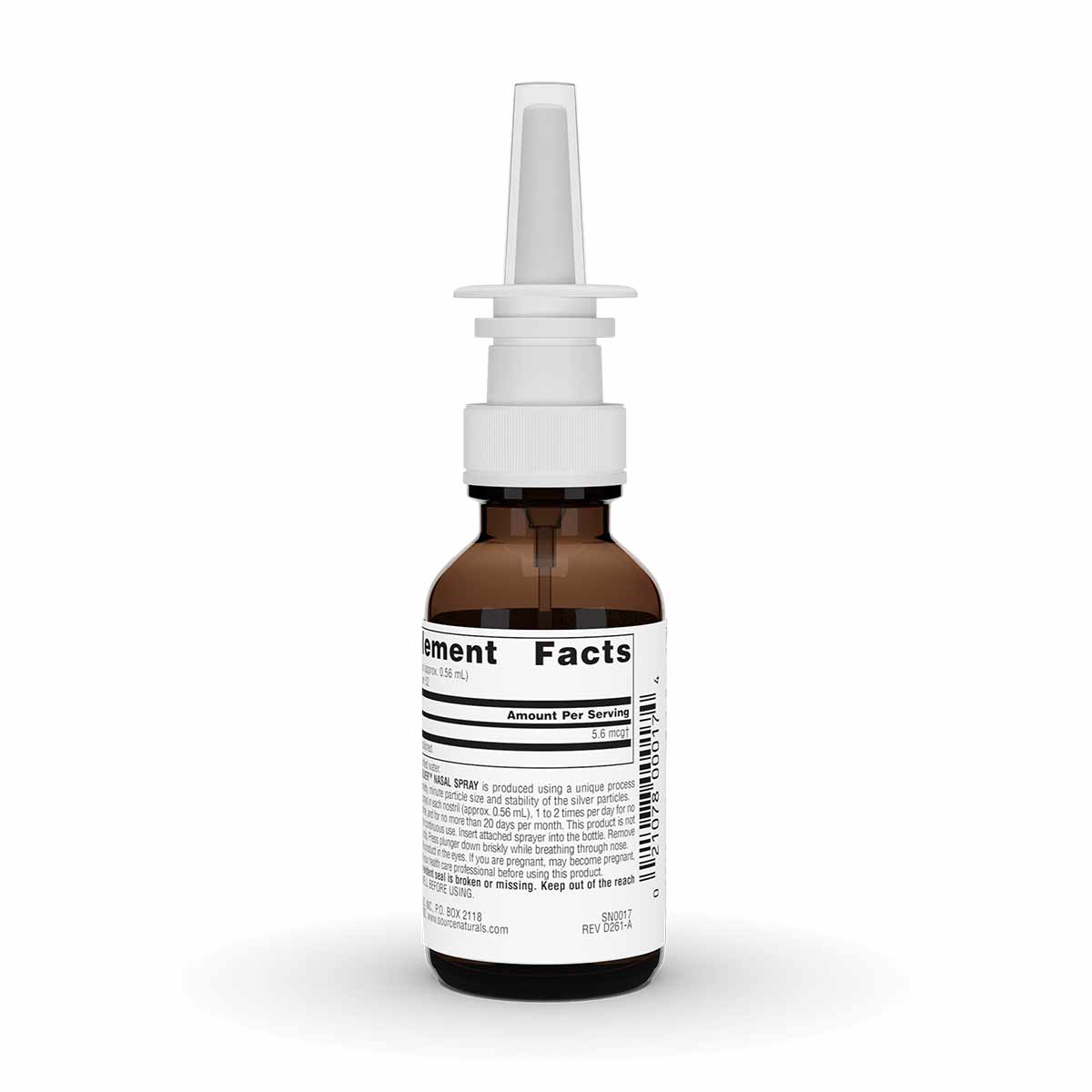 Brown glass bottle with white nasal spray applicator and white ribbed cap, featuring a supplement facts label.