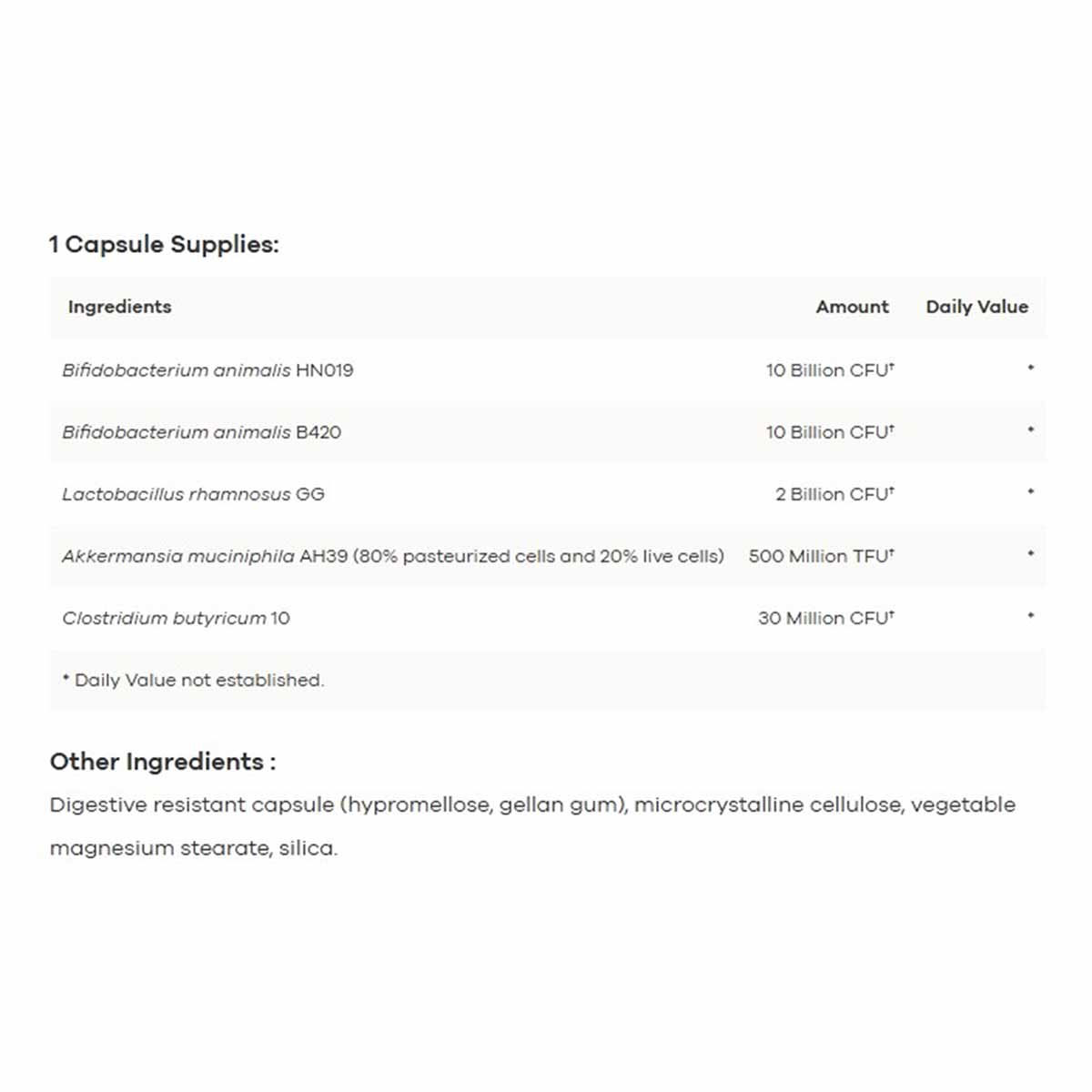 Supplement facts label listing probiotic ingredients and amounts per capsule for UltraBiotic Akkermansia Plus.