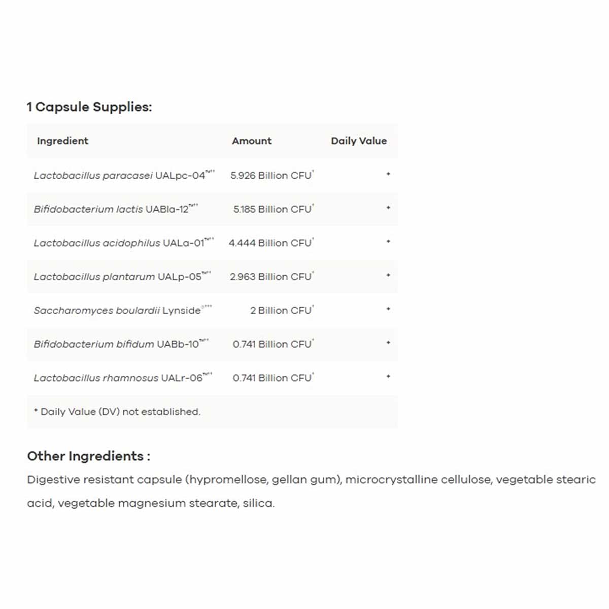 Supplement facts label listing probiotic ingredients including Lactobacillus and Bifidobacterium strains with CFU amounts per