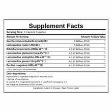 Supplement Facts label listing probiotic strains, CFU amounts per serving, and other ingredients for UltraBiotic Daily Multi-