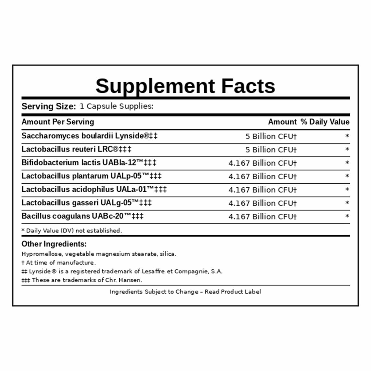 Supplement Facts label listing probiotic strains, CFU amounts per serving, and other ingredients for UltraBiotic Daily Multi-