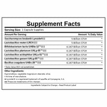Supplement Facts label showing seven probiotic strains with CFU amounts per capsule serving and other ingredients list.