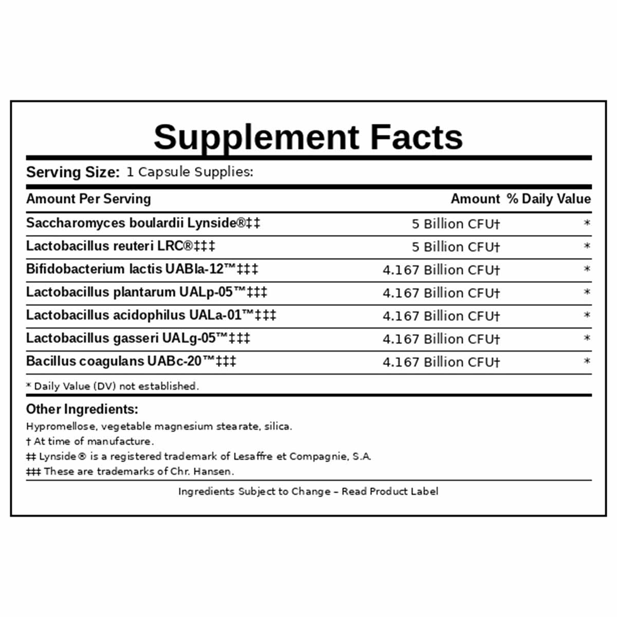 Supplement Facts label showing seven probiotic strains with CFU amounts per capsule serving and other ingredients list.