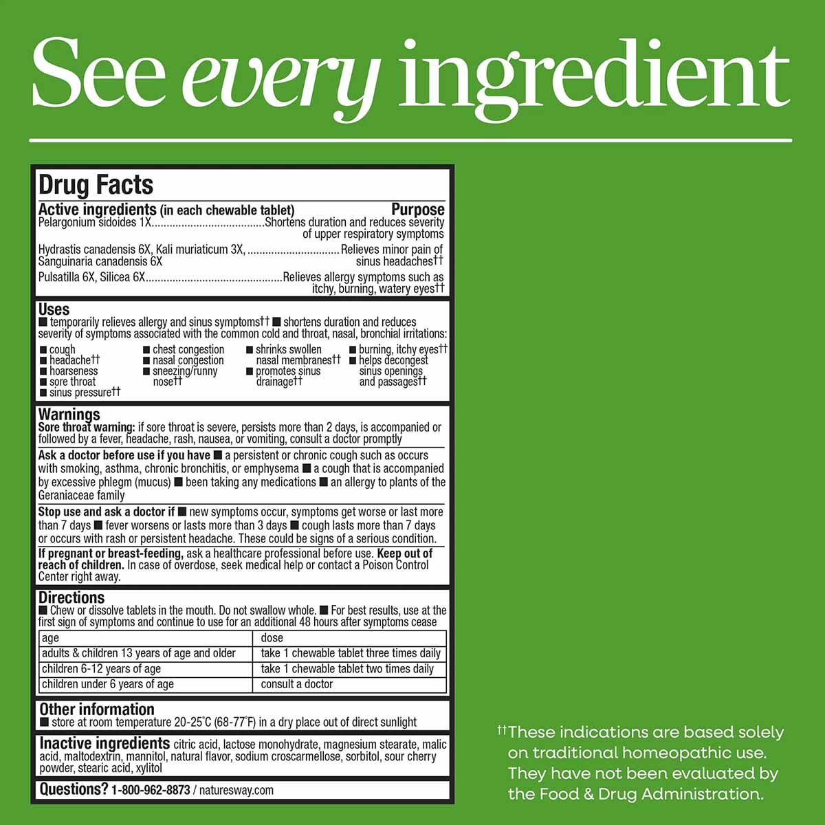 Umcka Allergy + Sinus supplement facts label displaying active ingredients, uses, warnings, dosage, and inactive ingredients 