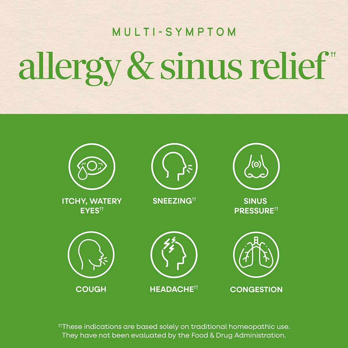Product packaging for Umcka Allergy & Sinus Relief showing six symptom icons on green background with beige header text.