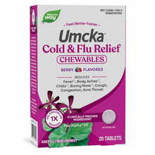 Umcka Cold & Flu Relief chewable tablets in berry flavor by Nature's Way, 20-count box.