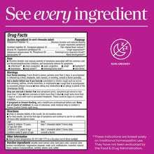 Umcka Cold + Flu chewable tablet drug facts label on magenta background with non-drowsy icon and usage information.