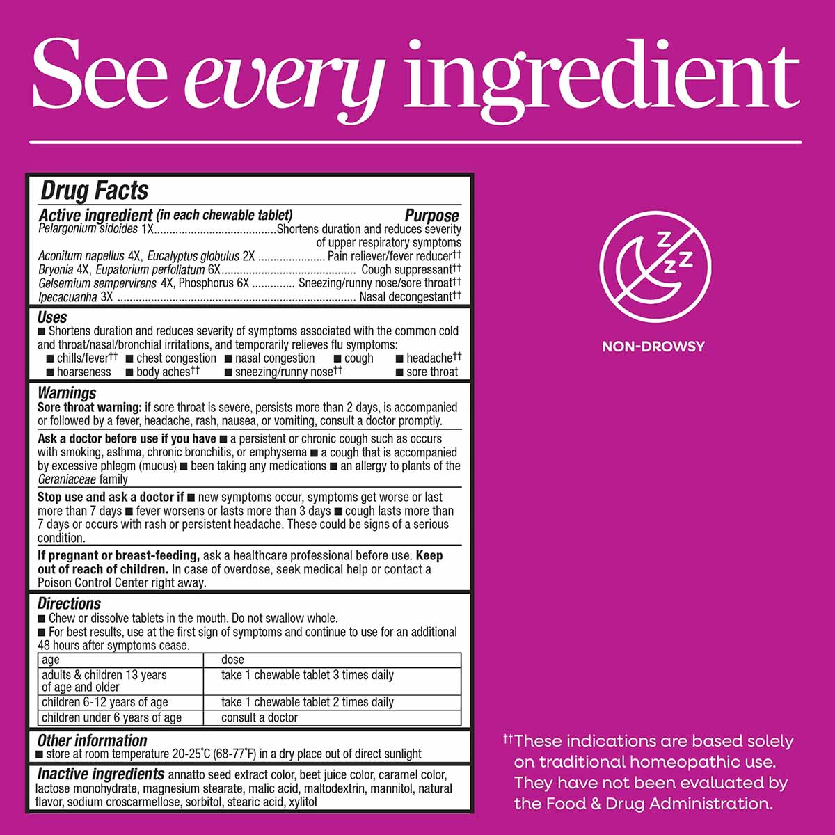 Umcka Cold + Flu chewable tablet drug facts label on magenta background with non-drowsy icon and usage information.