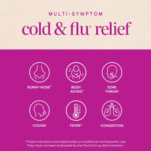 Umcka Cold + Flu Relief product label showing symptom icons for runny nose, body aches, sore throat, cough, fever, and conges