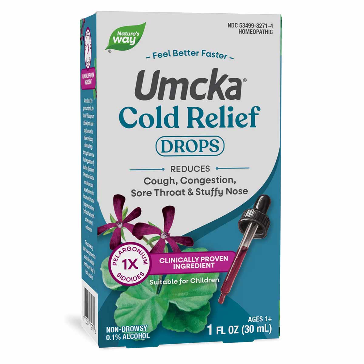 Umcka Cold Relief Drops box by Nature's Way with dropper, 1 FL OZ bottle, showing purple flowers and green leaf.