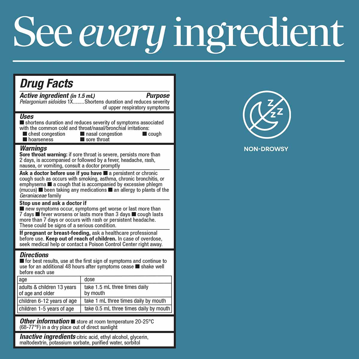Drug Facts label for Umcka ColdCare drops showing active ingredient Pelargonium sidoides, uses, warnings, directions, and ina