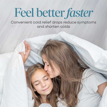 Adult and child resting together under white bedding with "Feel better faster" text above.