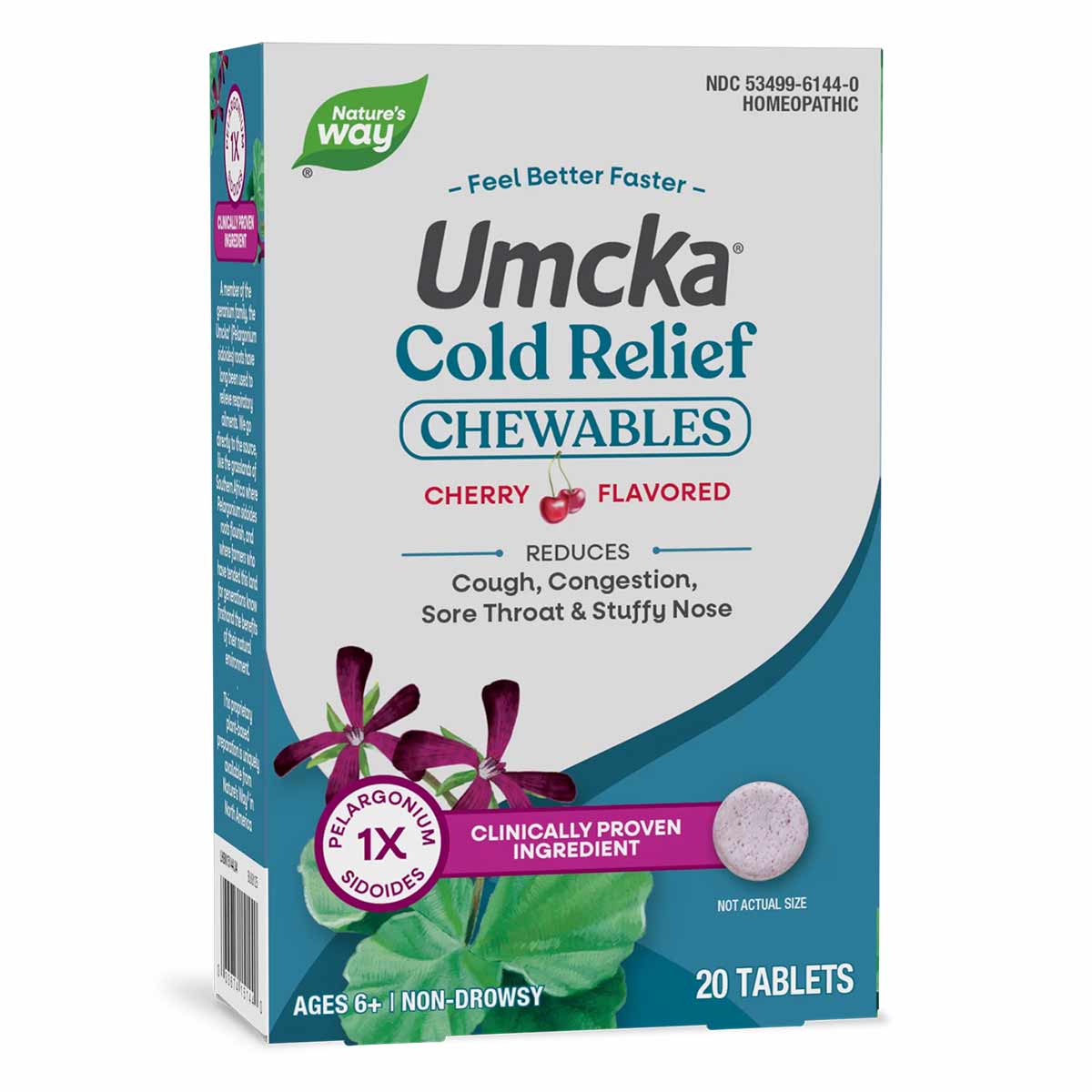 Umcka Cold Relief cherry-flavored chewable tablets box containing 20 tablets by Nature's Way.