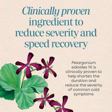 Purple flowers with green leaves and text describing clinically proven cold care ingredient on beige background.