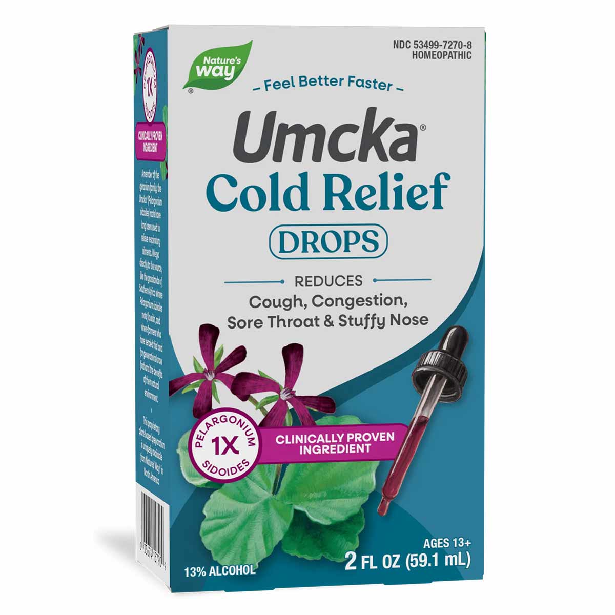 Umcka Cold Relief Drops bottle by Nature's Way, 2 fl oz, with dropper and purple flower imagery on teal and white packaging.