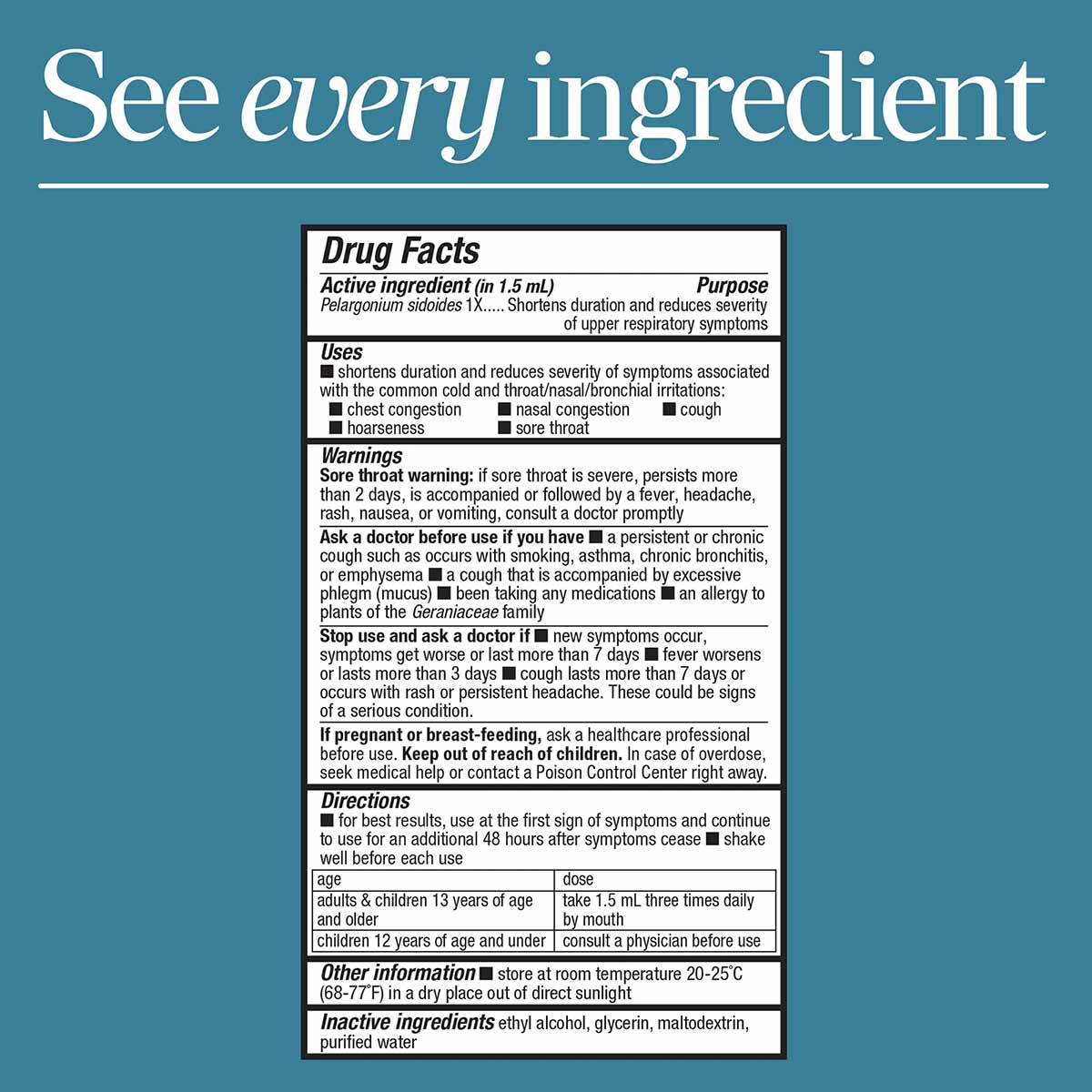 Umcka ColdCare Original Drops Drug Facts label on teal background showing active ingredient, uses, warnings, directions, and 