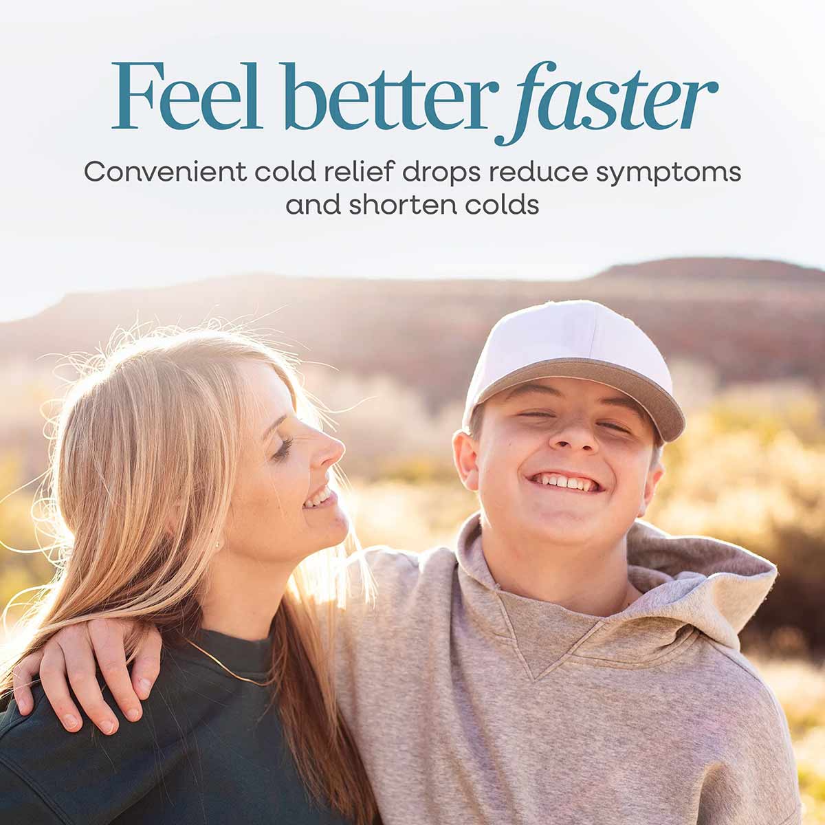 Umcka ColdCare Original Drops bottle displayed with text describing cold relief benefits and outdoor lifestyle imagery.