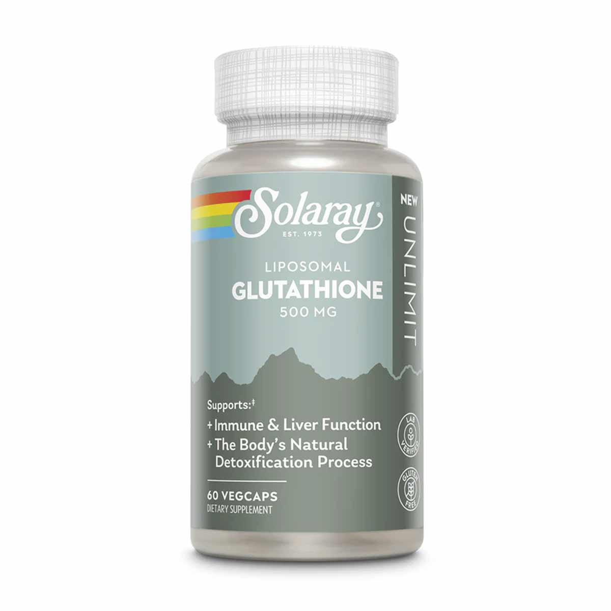 Solaray Unlimit Liposomal Glutathione 500 mg bottle with white cap and gray label containing 60 vegcaps.