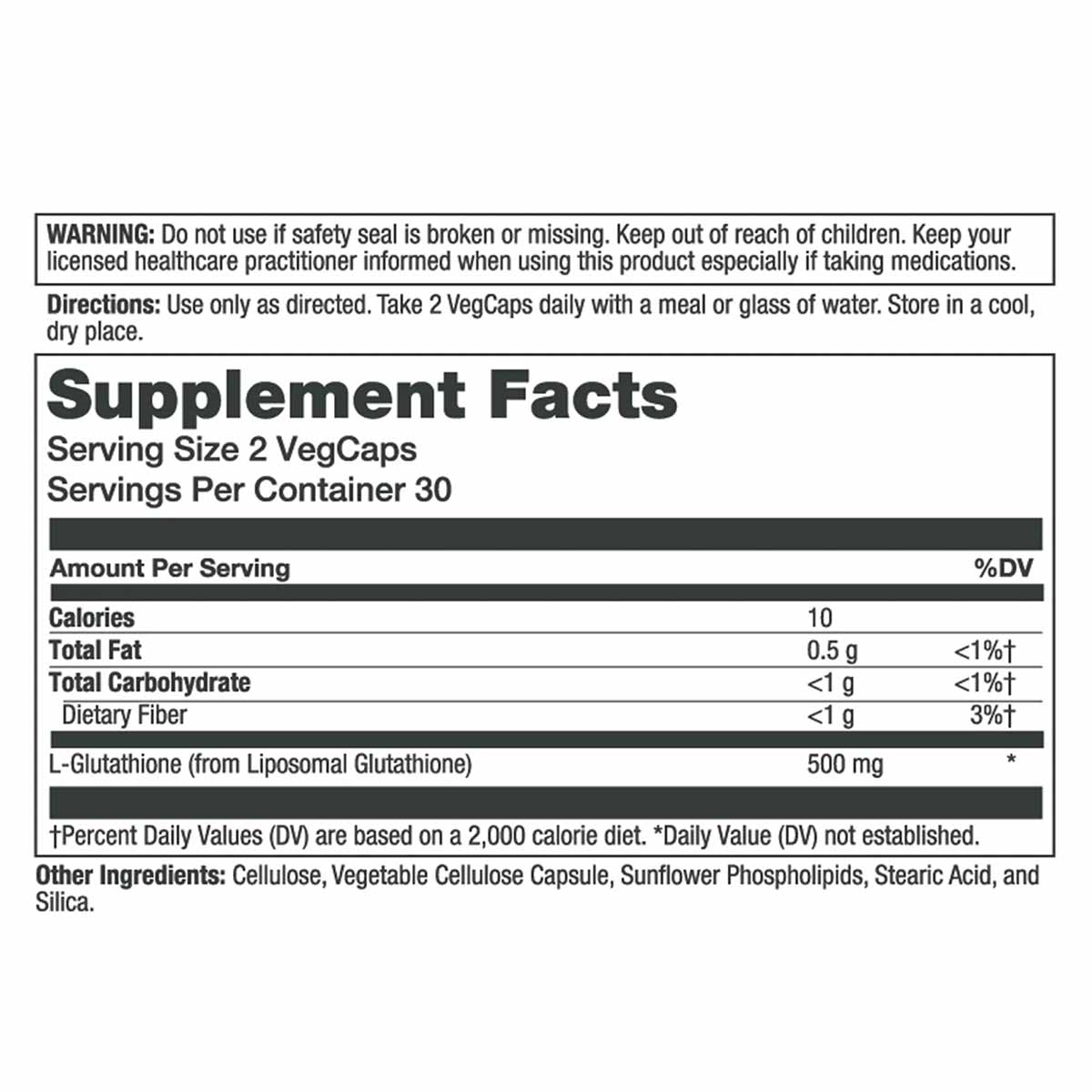 Supplement Facts label for Solaray Unlimit Liposomal Glutathione showing 500mg L-Glutathione per serving in VegCap capsules.