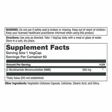 Supplement facts label showing 500 mg NMN per vegetable capsule serving, 60 servings per container, with warnings and directi