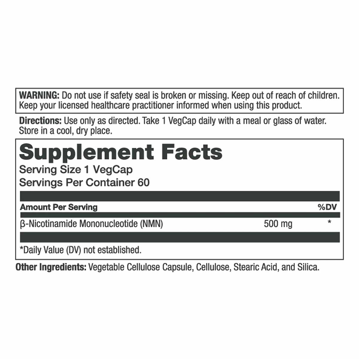 Supplement facts label showing 500 mg NMN per vegetable capsule serving, 60 servings per container, with warnings and directi