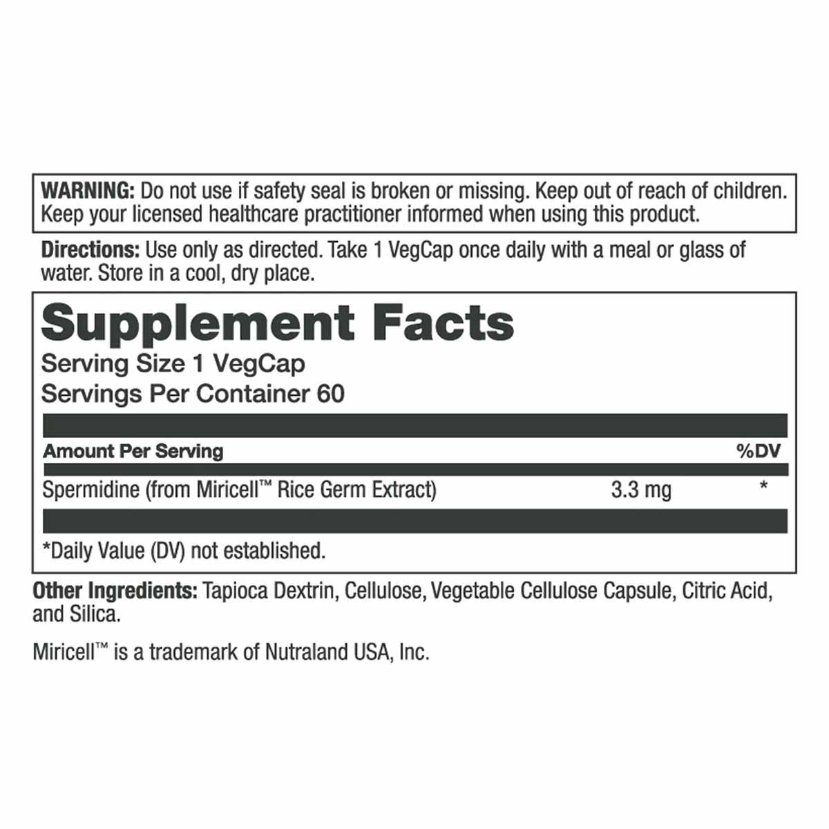 Supplement Facts label for Solaray Unlimit Spermidine showing dosage, ingredients, and usage directions.