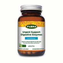 Amber glass bottle of Flora Urgent Support Digestive Enzymes with white and yellow label, containing 60 vegetarian capsules.