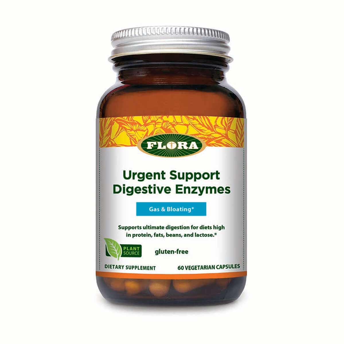 Amber glass bottle of Flora Urgent Support Digestive Enzymes with white and yellow label, containing 60 vegetarian capsules.