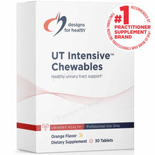 White bottle box for UT Intensive Chewables dietary supplement by Designs For Health, 30 tablets, orange flavor.
