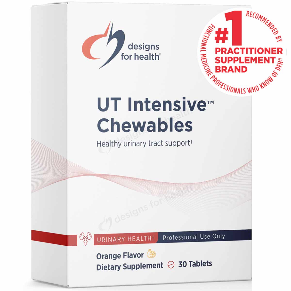 White bottle box for UT Intensive Chewables dietary supplement by Designs For Health, 30 tablets, orange flavor.