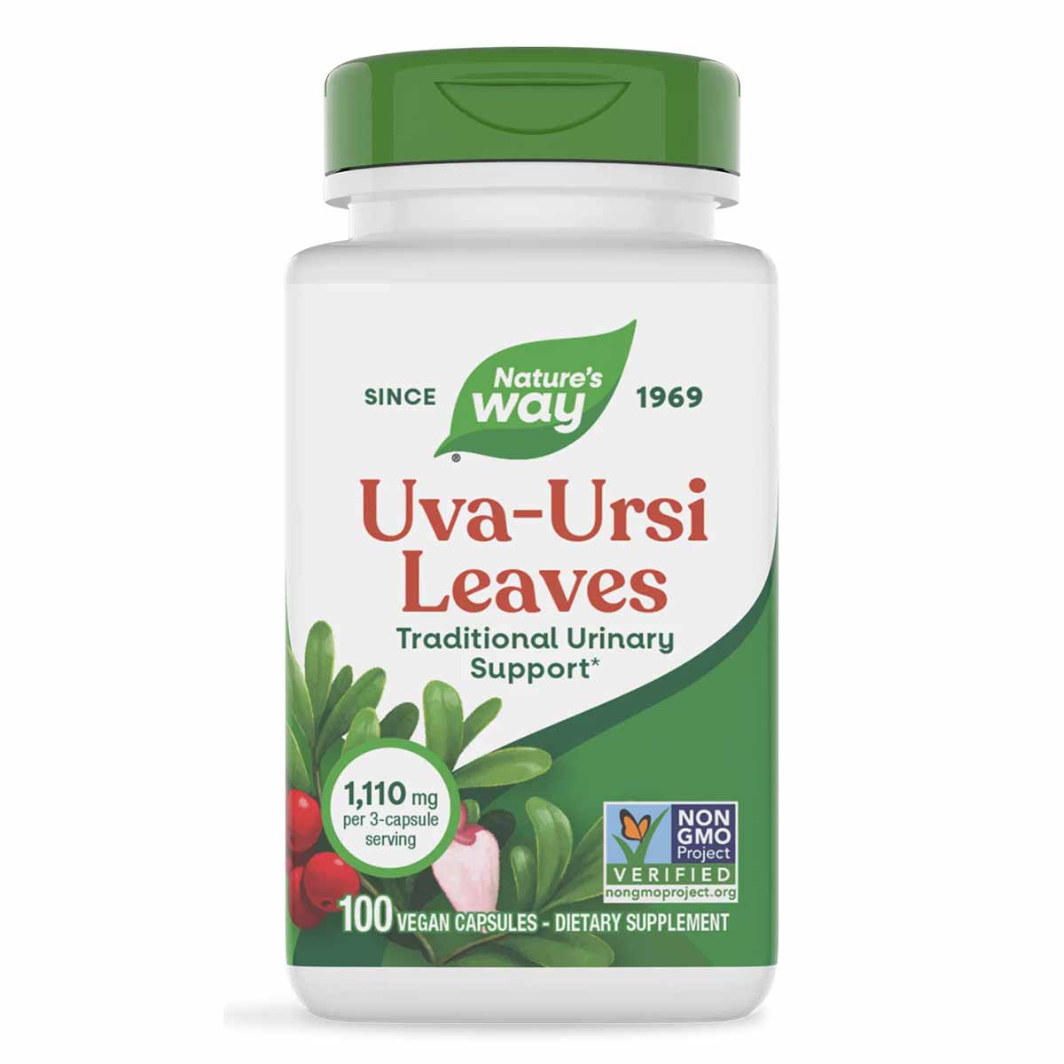 Nature's Way Uva-Ursi Leaves supplement bottle with green cap, 100 vegan capsules, 1,110 mg per serving.
