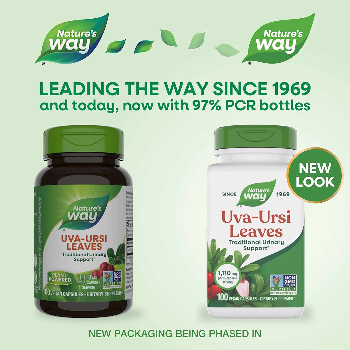 Nature's Way Uva-Ursi Leaves supplement bottles in dark glass and white plastic with green caps, showing 100 vegan capsules e