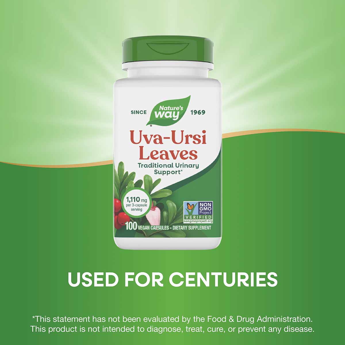 White and green bottle of Nature's Way Uva-Ursi Leaves dietary supplement with green cap, containing 100 vegan capsules.