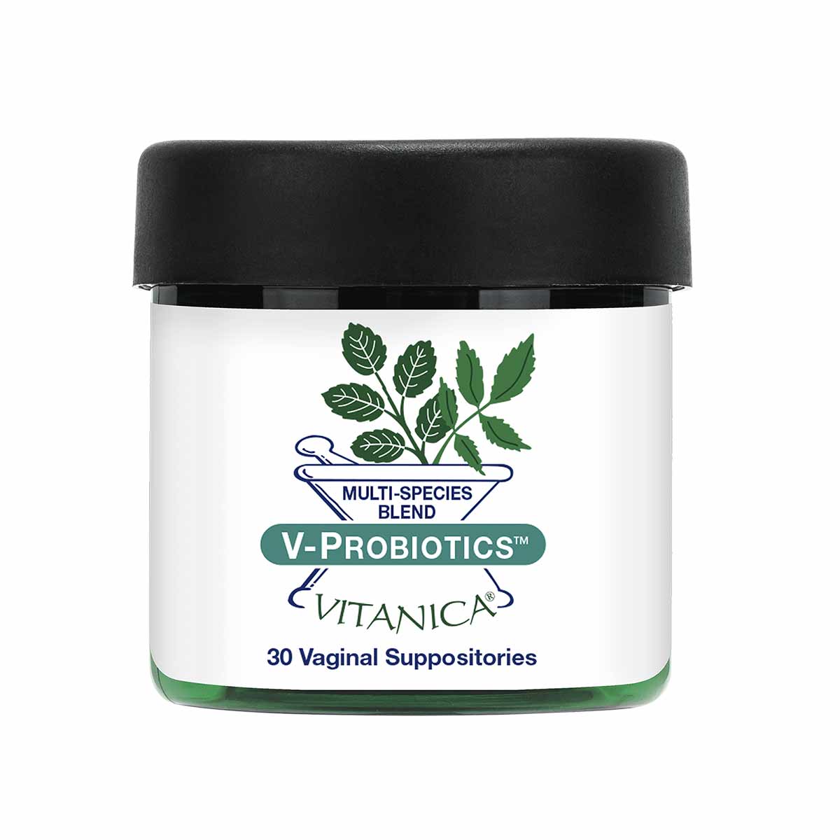 White jar with black lid containing V-Probiotics multi-species blend vaginal suppositories by Vitanica, with green leaf desig