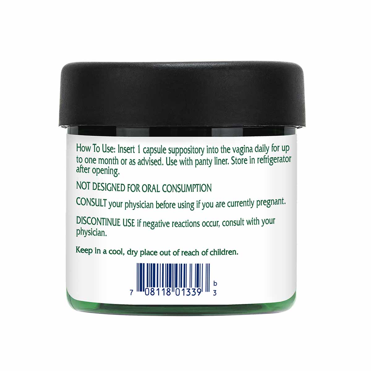White jar with black cap containing probiotic suppositories, showing usage instructions and barcode on label.