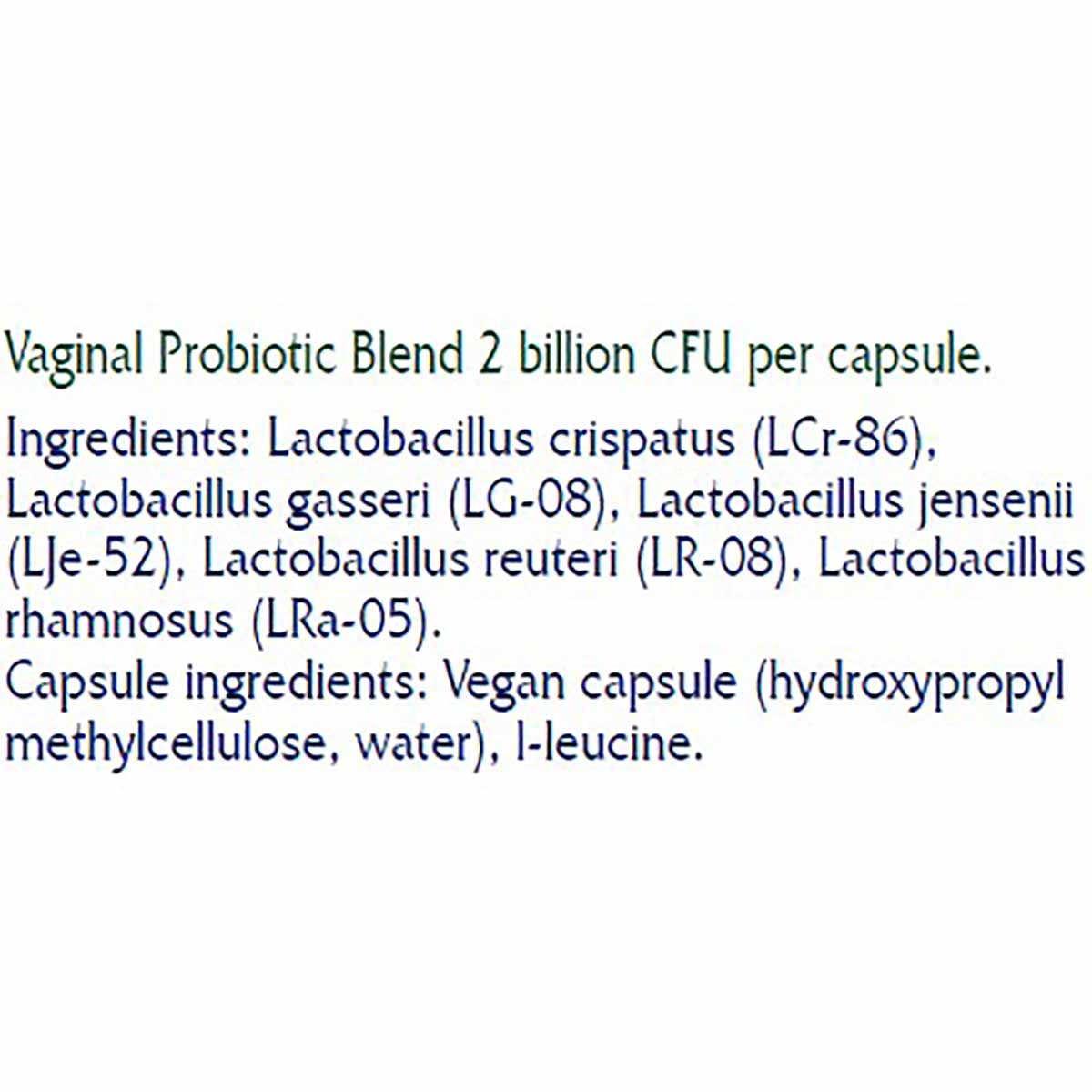Vitanica V-Probiotics product information displaying vaginal probiotic blend with 2 billion CFU per capsule and ingredient li