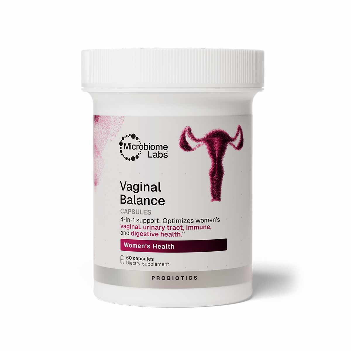 White plastic bottle with white cap containing Vaginal Balance capsules by Microbiome Labs, labeled as 60 capsules.