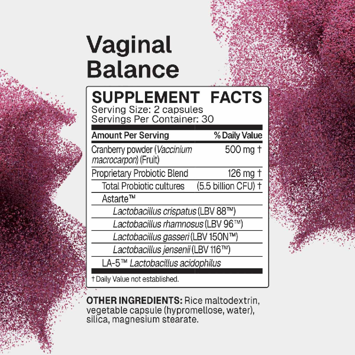 Vaginal Balance supplement label showing ingredients including cranberry powder, probiotic blend, and Lactobacillus strains o