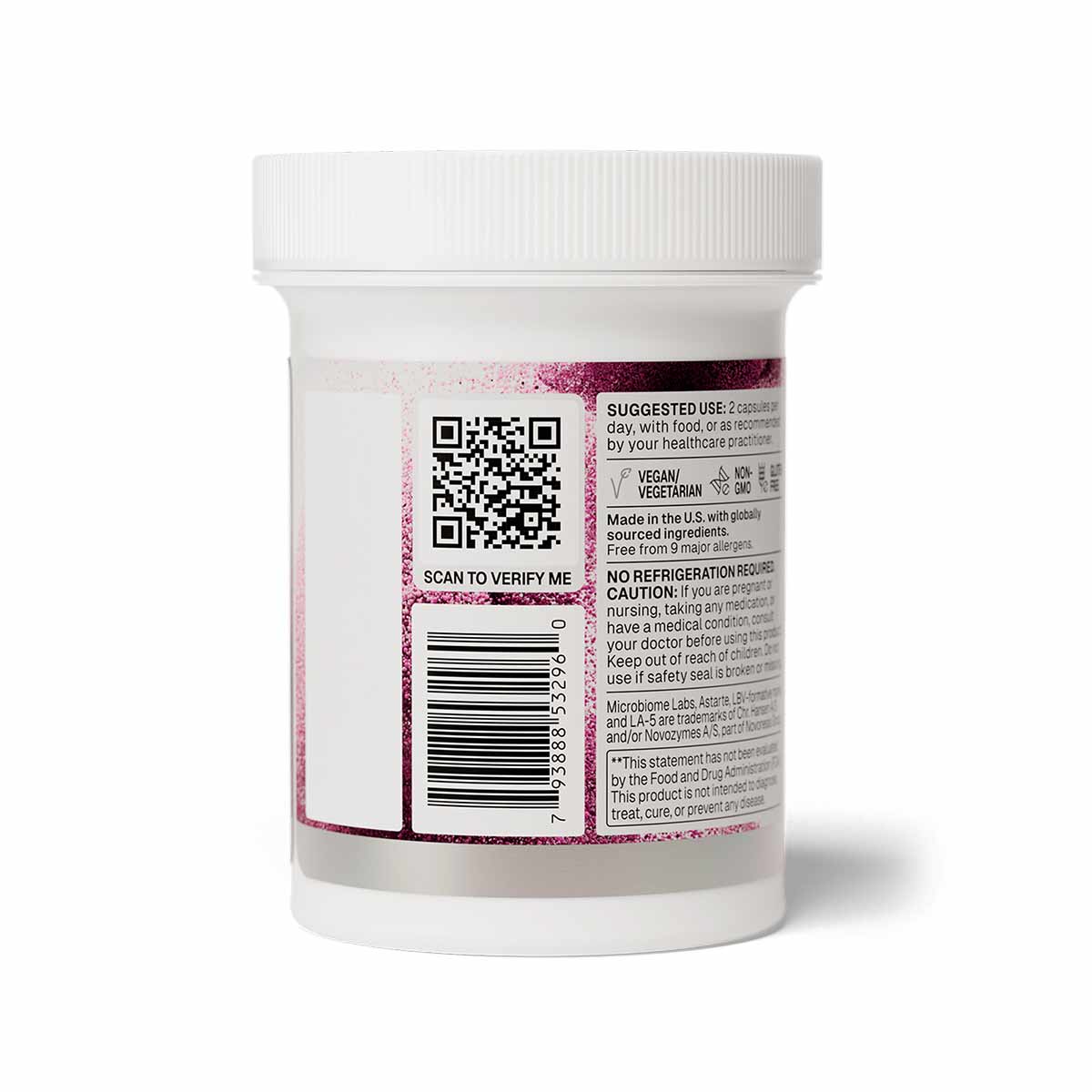 White cylindrical supplement bottle with pink and burgundy label featuring QR code and product information for Vaginal Balanc