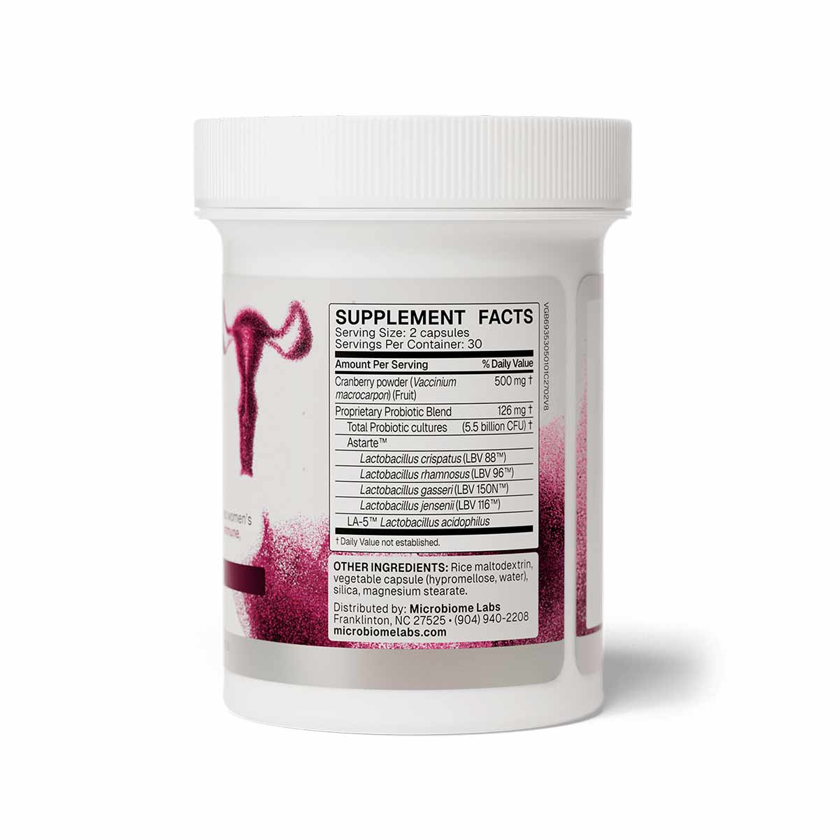 White cylindrical supplement bottle with pink and purple label showing uterus illustration and supplement facts panel.